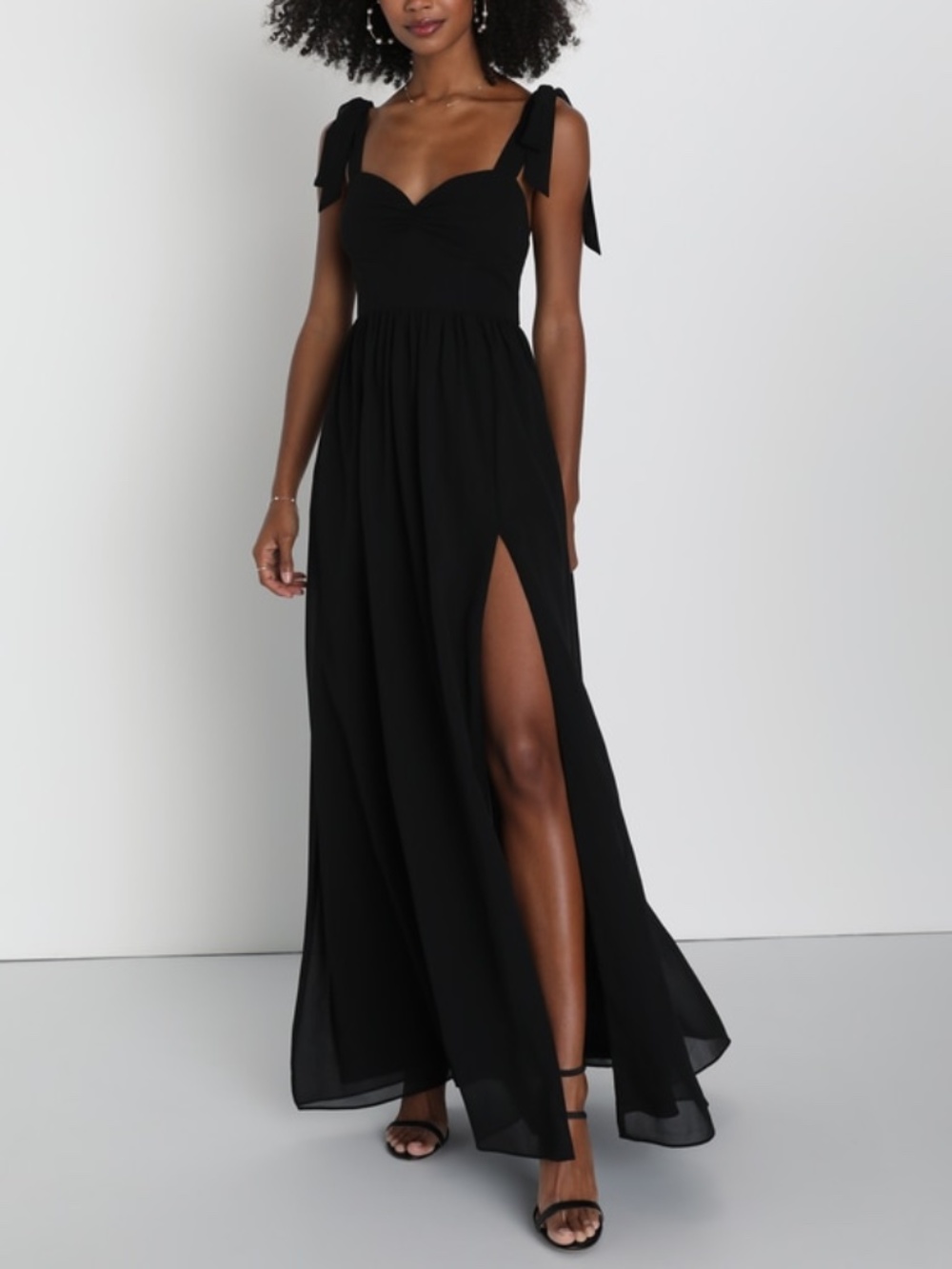 Lulus Black Chiffon Ruched Tie-strap Maxi Dress